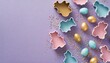 easter cooking concept top view photo of animal shaped baking molds pink and blue easter eggs and sprinkles on isolated pastel violet background with blank space