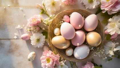 Wall Mural - above top view of pink colored painted easter eggs easter background with spring flowers and eggs celebrating easter holidays
