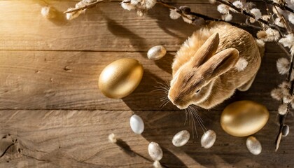 Wall Mural - rabbit and easter egg on a wooden table easter decoration concept top view