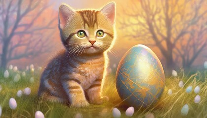 Wall Mural - a cute kitty and a easter egg