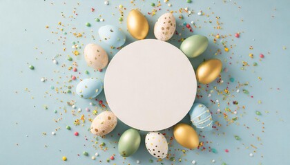 Wall Mural - easter decor concept top view photo of white circle colorful easter eggs and sprinkles on isolated pastel blue background with copyspace