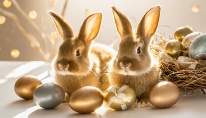 Wall Mural - bunnyes with easter eggs on white background