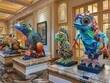 Visitors can admire intricate artwork and sculptures of adorable creatures displayed throughout the lobby --ar 4:3