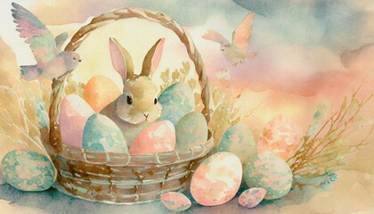 Wall Mural - vintage retro easter card with watercolor pastel colors easter eggs in basket with bunny and birds