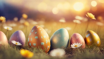 Wall Mural - easter background with colorful easter eggs decorated on field selective focus shallow depth of field illustration