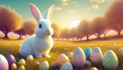 Wall Mural - happy easter a white bunny and easter eggs in a colorful land filled with grass and trees