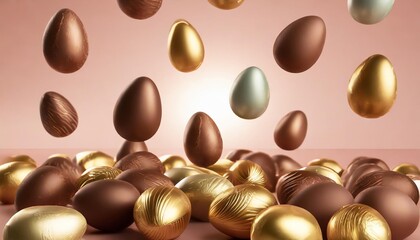 Wall Mural - a large group of falling colourful chocolate easter eggs on a pink background 3d illustration