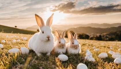 Wall Mural - bunny family with easter eggs on spring meadow