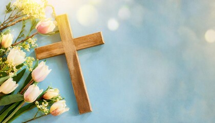 wooden cross with spring flowers on blue background with copy space religion background religious church holidays christianity feast easter palm sunday christening church wedding flat lay