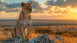 a lioness is sitting on top of a rock in the savannah at sunset