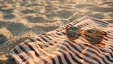 Fototapeta Uliczki - Blank mockup of a pair of sunglasses lying on a beach towel.
