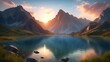 sunrise in the mountains and lake landscape background
