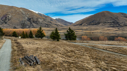 Wall Mural - Aerial views of the alpine Lake Camp in NZ South island Ashburton conservation park