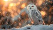 Snowy owl perched on snow covered tree branch in winter