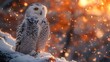 Snowy owl perched on snowy branch in winter landscape