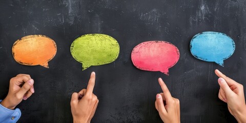 Wall Mural - Hand pointing at bubble speech chat, giving feedback 