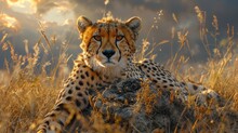 A Cheetah Is Laying In The Grass Looking At The Camera