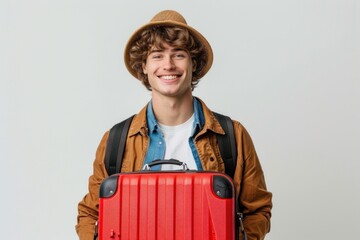 Young caucasian man over isolated background in vacation with travel suitcase and a hat