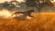 A Felidae carnivore sprinting in tall grass on the grassland