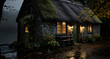 a lonely old cottage at night with windows open