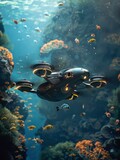 Fototapeta Do akwarium - Futuristic Underwater Ecosystem Monitoring: AI Drones and Marine Life in Harmony, 3D Render