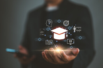 Leinwandbilder - E-learning graduate certificate program concept. Man showing education icon, technology Internet education course degree, study knowledge to creative thinking idea and problem-solving solution.