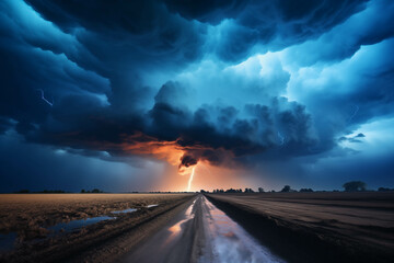 Wall Mural - Dramatic lightning strikes illuminate the dark storm clouds as rain falls on a lonely highway at night.