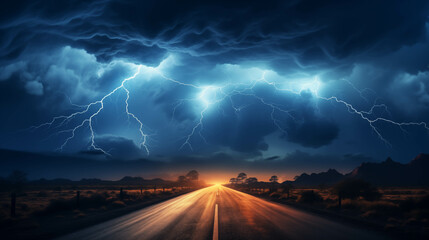 Wall Mural - Dramatic lightning strikes illuminate the dark storm clouds as rain falls on a lonely highway at night.