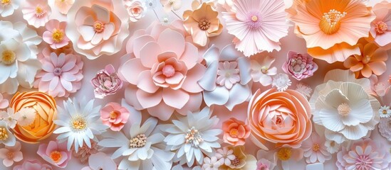 Colorful backdrop for design and fashion with embellishments. Elaborate flowers for wall decor.