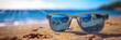 Breathtaking summer scene,where a pair of fashionable sunglasses rests on the golden sand,reflecting the tranquil blue ocean and clear sky The serene,idyllic landscape invites