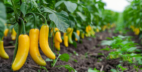 Wall Mural - Yellow chili peppers growing in a lush garden farm