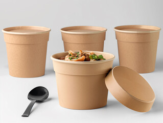 Wall Mural - food pot mockup, A photo of an unbranded kraft paper round container with lid and spoon, filled with food on top of the table