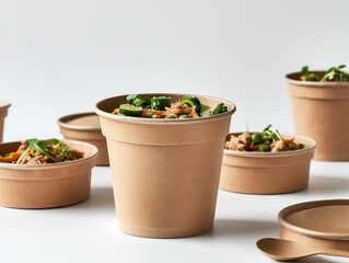 Wall Mural - food pot mockup, A photo of an unbranded kraft paper round container with lid and spoon, filled with food on top of the table