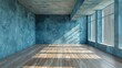 3d rendering of an empty room with wooden floors, in the style of blue and gray, brutalism, blue and gray toned, glazed surfaces  