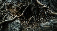 A Macro Photo Of The Intricate Network Of Roots And Tree Branches Exposed In The Walls Of A Sinkhole.