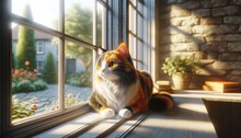 A Detailed Image Of A Calico Cat Sitting On A Sunny Windowsill, Gazing Curiously Outside.