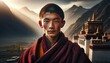 A young Tibetan monk in traditional robes, his youthful face juxtaposed with the ancient wisdom of his culture.