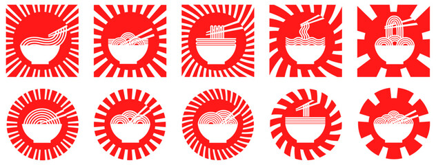 Wall Mural - Set vector rising sun ramen icon. Japanese noodles logo design illustration