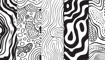 Abstract black and white line doodle seamless pattern set on white background