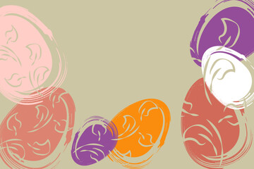Vector. Easter design with hand drawn brush strokes, pastel eggs. Modern minimalist style. Horizontal poster, postcard, website page, banner, brochure, postcard with copy space for text.