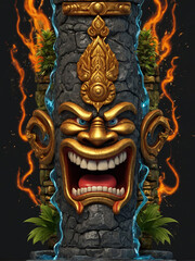 Wall Mural - Ancient cartoon totem character illustration on black backround
