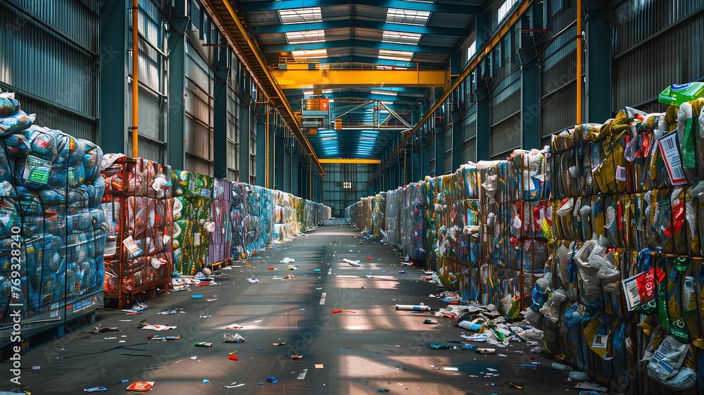 Recycling Facility Interior with Baled Plastics . Inside a recycling ...