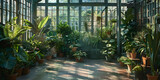 Fototapeta Storczyk - sunlight streaming through glass greenhouse panels, created with Beautiful potted plants in a greenhouse at sunset.