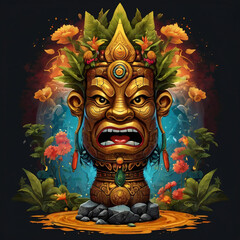 Wall Mural - Ancient cartoon totem character illustration on black backround