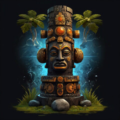 Wall Mural - Ancient cartoon totem character illustration on black backround