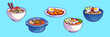 Korean traditional food collection. Cartoon vector illustration set of dinner meal in bowl and with chopsticks. Oriental cooked eating of soup and noodle, meat and eggs, vegetables and spice on plates