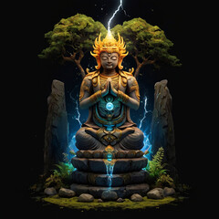 Wall Mural - Ancient cartoon totem character illustration on black backround