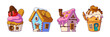 Fantasy candy land houses made from sweet desserts. Cartoon vector set of fantastic dreamland landscape home and cottage made of chocolate and cookies, ice cream and waffle, icing and caramel.