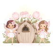 Watercolor Illustration Beautiful Fairy and Fairy House at Garden with Pink Flowers