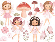 Watercolor Illustration Set of Beautiful Pink Fairy with Butterflies, Mushroom and Plants